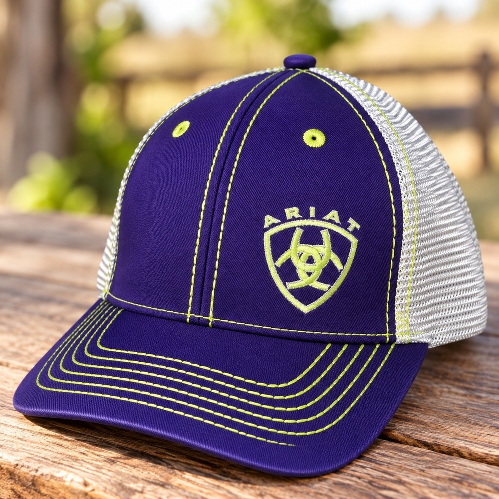 Ariat Purple Neon Green Logo Mesh Snapback Trucker Hat Mens Womens OSFM
